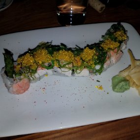 20200125_191851 Dinner at Mizu - main course - Lake Monster Roll - Blue Crab, Cooked Shrimp, Asparagus, Lemon Tobiko, Seaweed Salad, Red Chili