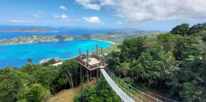 20230302_132620 Zip lining - view of Magens Bay and one of the zip platforms