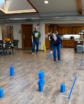 Jan - Kubb - Feb 4 Playing Kubb - We had to be the Vikings today! Jan did knock over that tower of 5 Kubbs. We won the first game and agreed to a draw for the long second game...